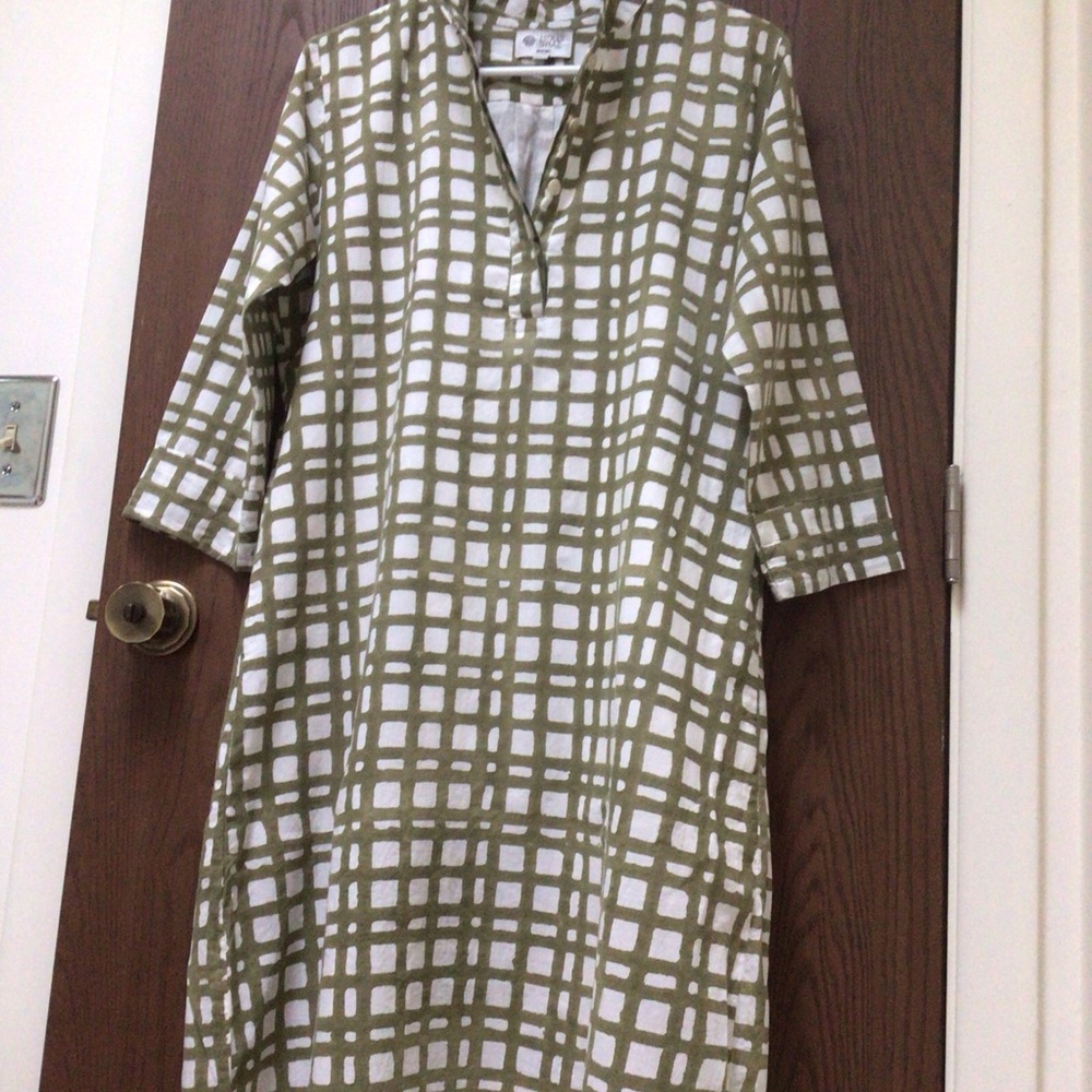 Relaxed Olive Green Checked Tunic Dress - Women